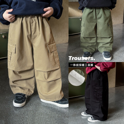 童酷男童冬款纯色百搭宝宝长裤山系打杆贴袋一体绒儿童工装裤