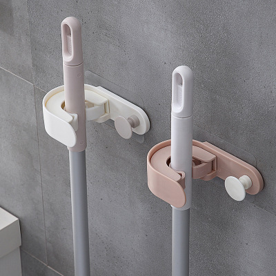 2只装-潘西免打孔拖把架强力粘胶墙壁挂钩无痕创意浴室拖把粘钩壁挂式拖把夹—蓝色