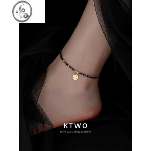 JiMi黑尖晶脚链女生潮ins小众笑脸设计镀k金高级感不掉色夏季串珠足链 k金色时尚百搭黑尖晶笑脸脚链