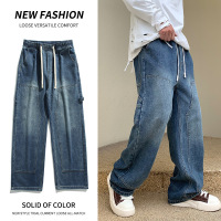 口袋装饰拼接牛仔裤男宽松直筒港风牛仔裤男百搭松紧腰水洗拖地裤