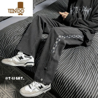 YANXU美式格子拼接裤子男秋季高街ins潮牌黑牛仔裤直筒宽松排扣阔腿裤