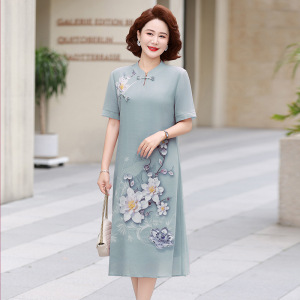 新中式妈妈装连衣裙时尚印花中年女装短袖长裙子国风长裙50岁夏装