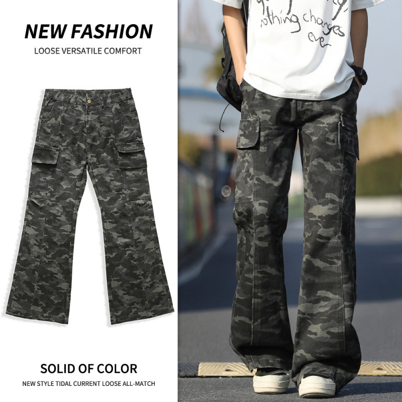 美式cleanfit微喇迷彩牛仔显高男女款设计感多口袋工装裤高腰宽松