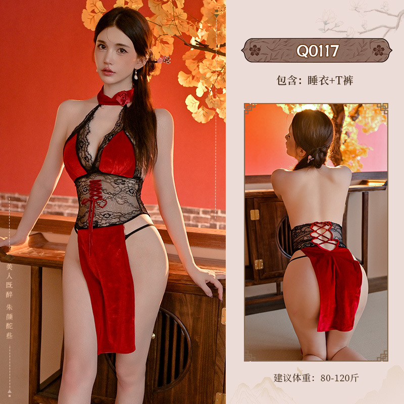 九里晴川Q0117高叉拼接旗袍裙红色刺绣古典古风情趣睡衣开叉性感 九里晴川Q0117[高叉拼接旗袍裙-红] 均码