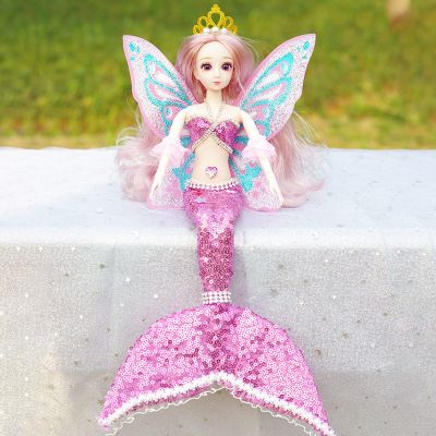 封后芭比美人鱼公主娃娃创意手工玩偶婚纱儿童仿真女娃玩具生日礼物粉色人鱼娃娃（带蝴蝶翅膀）