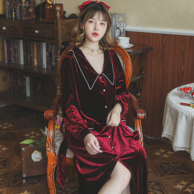 Ideamini法式性感金丝绒睡衣女秋冬睡裙带腰带长款新娘晨袍浴袍睡袍家居服