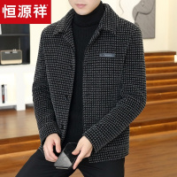 恒源祥男士金貂绒夹克外套秋冬新款加厚潮流翻领格子毛呢大衣短款
