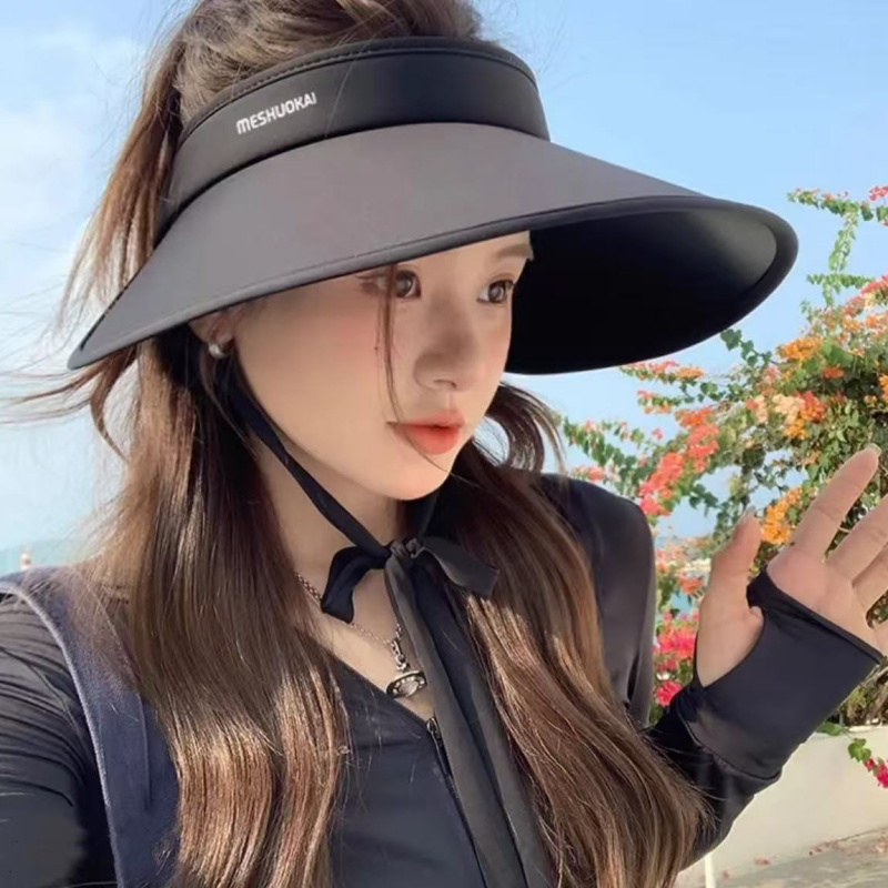新款空顶防晒帽女夏季防紫外线加大帽檐骑车遮阳帽黑色冰丝太阳帽