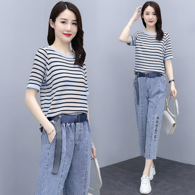 仙依琦休闲时尚套装女装夏季2021新款宽松显瘦洋气T恤破洞牛仔裤两件套5007