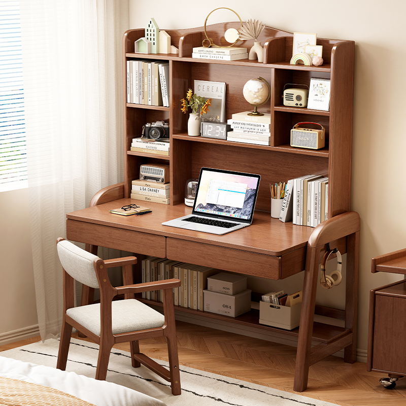 实木书桌书架一体书房可升降写字台学生家用学习桌卧室简约电脑桌