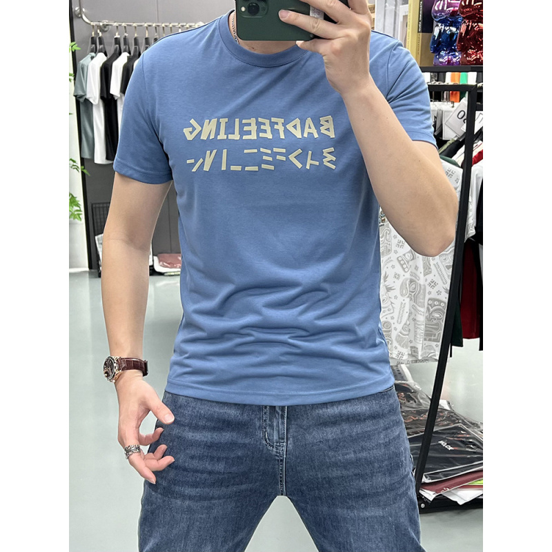 个性不规则植绒字母T恤短袖夏季圆领透气新款体恤时尚修身男上衣