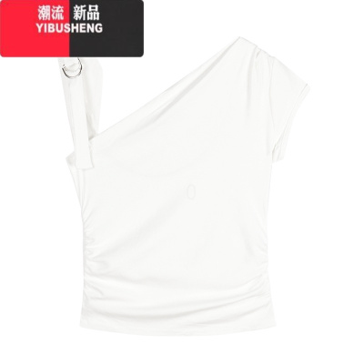 YIBUSHENG辣妹性感纯欲一字斜肩短袖T恤女季设计感小众修身白色短款上衣