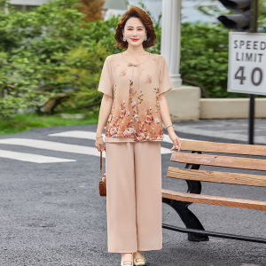 时尚妈妈装夏洋气雪纺中老年女士休闲两件套气质短袖夏装40-60岁