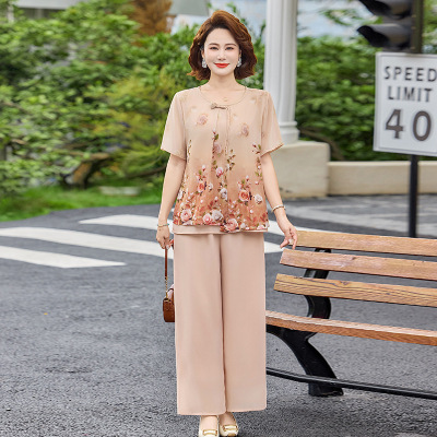 时尚妈妈装夏洋气雪纺中老年女士休闲两件套气质短袖夏装40-60岁