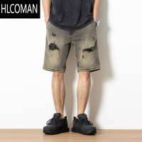 HLCOMAN2024夏季新款牛仔短裤男直筒中裤美式hiphop复古做旧破洞五分裤潮