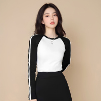 撞色复古插肩袖T恤女短上衣莫代尔春秋装美式辣妹长袖打底衫内搭