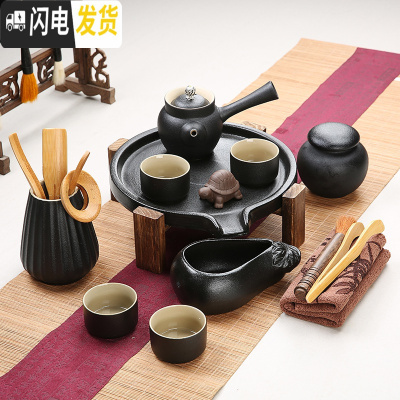 三维工匠家用石磨茶盘黑陶粗陶手绘紫砂哥窑汝窑功夫茶具陶瓷茶台茶托干泡 石磨小茶盘+黑陶茶具套组 20件