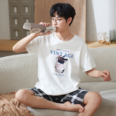 睡衣男士夏季棉质短袖青少年学生韩系卡通可爱薄款夏天家居服套装