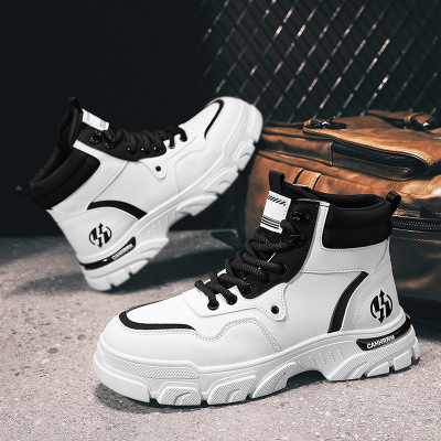 冬季新款中高帮时尚英伦工装男鞋增高厚底草编底防水马丁靴男
