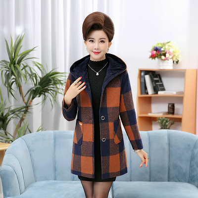 FISHBASKET妈妈装新款毛呢外套格子中长款中老年女装大码连帽呢子大衣厚毛呢外套