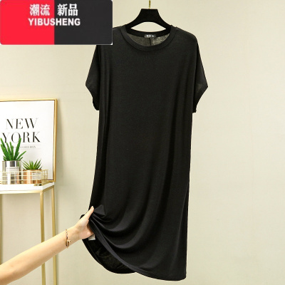 YIBUSHENG莫代尔薄款连衣裙女装季圆领中长款短袖T恤裙大码宽松显瘦长裙