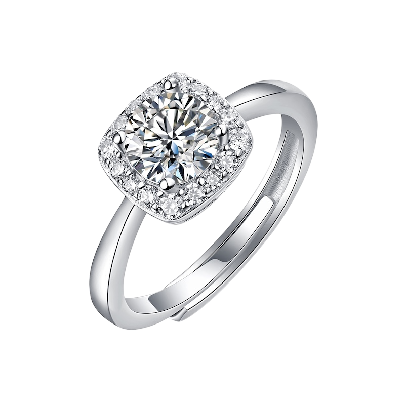 玖钻珠宝 925 银莫桑石戒指 正版小方糖钻戒公主结婚求婚戒指女 R13157