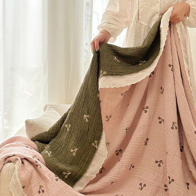 韩系风四层皱皱纱布毯子薄夏凉被仙女奶油卧室花边夏季盖毯空调被