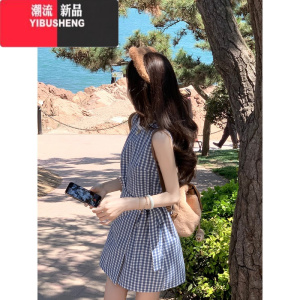YIBUSHENG度假风蓝白格子背心连衣裙女季2024新款设计感修身系带无袖短裙