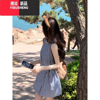 YIBUSHENG度假风蓝白格子背心连衣裙女季2024新款设计感修身系带无袖短裙
