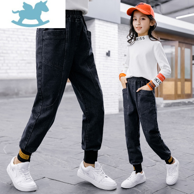 女童牛仔裤春秋装外穿长裤儿童宽松韩版中大童春季小学生黑色裤子
