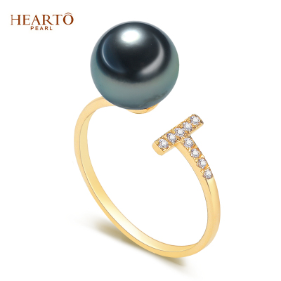 海瞳18K金大溪地黑珍珠戒指开口可调节时尚珠宝海水珍珠戒指正圆T娅-珍珠戒指女珍珠首饰