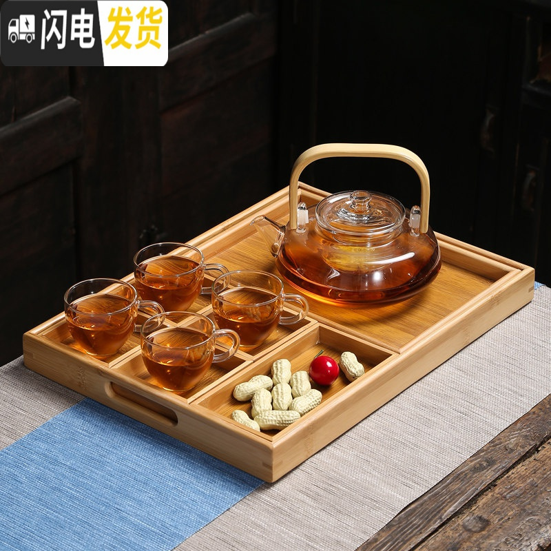 三维工匠日式水果茶壶套装透明玻璃花茶杯耐热蜡烛加热保温下午茶茶具家用 提梁壶+4个小把杯+托盘C款