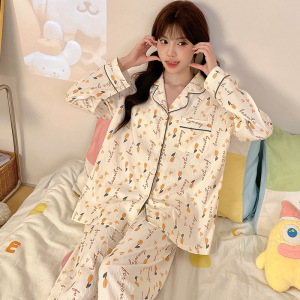 秋冬季长袖睡衣女云朵棉开衫翻领可爱卡通韩版休闲宽松家居服套装