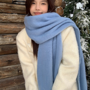 啄木鸟2025新款碎冰蓝纯色围巾女秋冬季氛围感防寒马海毛围脖披肩