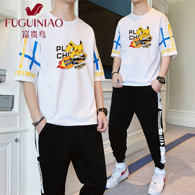 富贵鸟（FUGUINIAO）2021夏季五分短袖T恤套装男潮流大码宽松ins休闲百搭运动套装