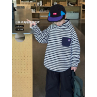 童酷男童冬款山系贴标贴袋宝宝上衣一体绒条纹连帽儿童卫衣潮