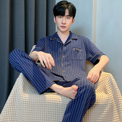 新款男士睡衣夏季棉质开衫翻领短袖长裤休闲大码家居服套装可外穿