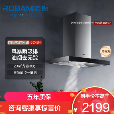 老板(ROBAM)油烟机 20m³大吸力 抽油烟机欧式 吸油烟机 脱排油烟机65X8H(65A9H同款)