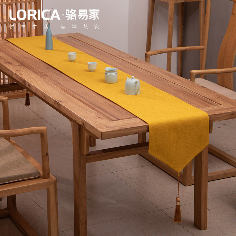 新中式桌旗禅意色棉麻茶几餐桌布日式长条北欧现代简约五斗柜布 平织-黄色 33*360cm(适用桌长3米-3.2米)