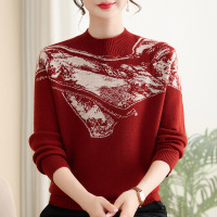 新款提花中老年女士休闲针织衫中领妈妈装保暖小衫冬季加绒加厚女