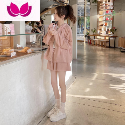 七斓粉色时尚休闲套装女2023韩系宽松长袖连帽开衫卫衣短裤套