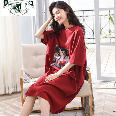 HLCOMAN长款睡裙女棉短袖夏季韩版宽松学生休闲棉睡衣半袖家居服春秋睡裙