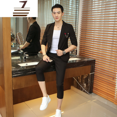 NEWLAKE夏季七分袖小西装男士韩版修身青年英伦型师九分裤中袖西服套装