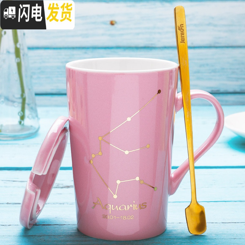 三维工匠创意北欧ins星座陶瓷马克水杯子带盖勺个性潮流情侣女咖啡杯家用 水瓶座-玫瑰金咖啡器具