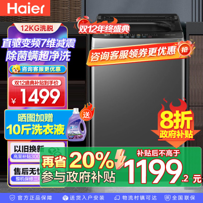 海尔(Haier) 12公斤 变频 全自动 波轮洗衣机 超净洗 除菌除螨 政府补贴 自编程 XQB120-BZ20L0