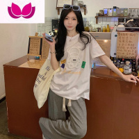 七斓夏季短袖大码女装印花小熊宽松韩版上衣胖妹妹百搭显瘦打底T恤女