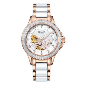梭伦(SOLLEN)手表女陶瓷自动机械女表时尚休闲商务潮流防水镶钻真皮带生活防水手表LS402