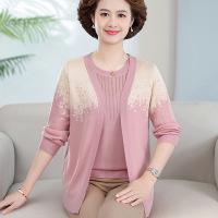 春秋新款中老年妈妈装针织衫真两件套装宽松上衣时尚中年女装毛衣