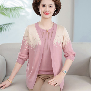 春秋新款中老年妈妈装针织衫真两件套装宽松上衣时尚中年女装毛衣