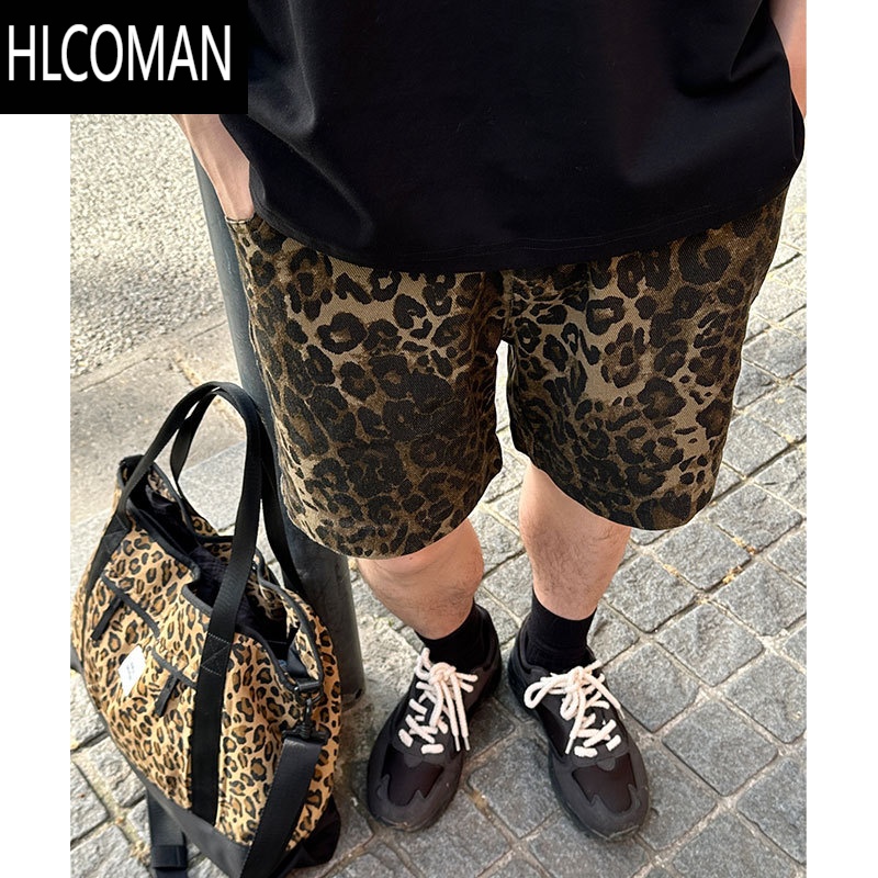 HLCOMAN豹纹迷彩工装短裤男士夏季2025新款美式潮牌小众设计感4五分裤子